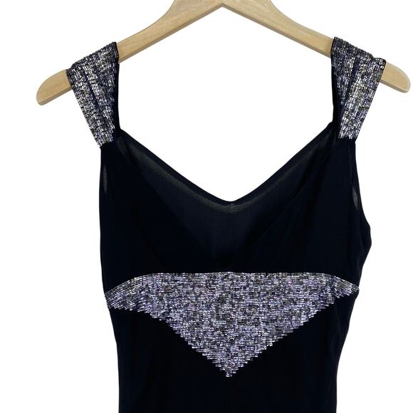 Vintage NOIR Silk Sequin Cocktail Dress Black Silver Midi Size S 90s Retro Glam - Picture 9 of 10